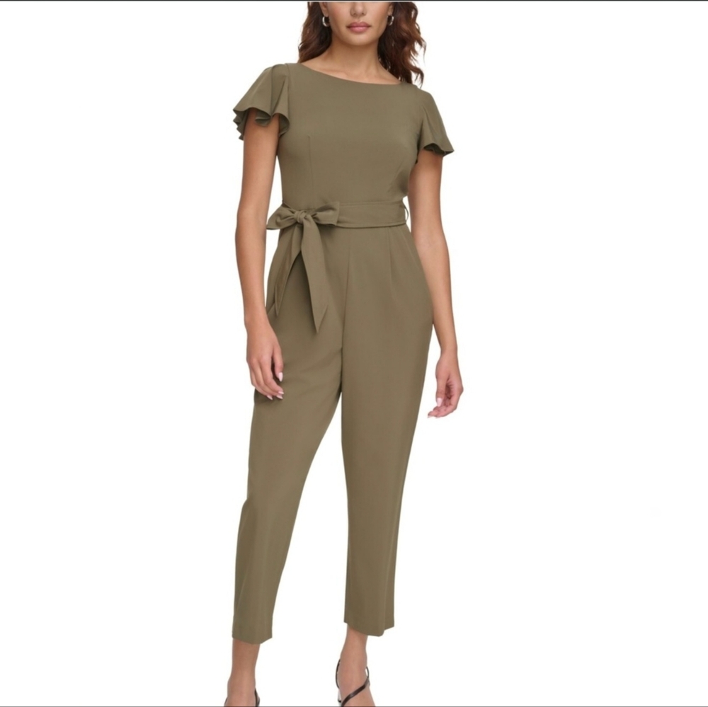 Calvin Klein Olive Green Short-Sleeve Tie-Waist Jumpsuit